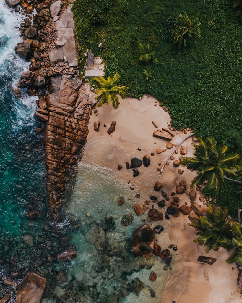 Discover Seychelles' stunning coastline from above, featuring rocky shores and lush greenery.