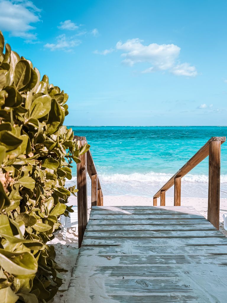 Wooden path through lush greenery leading to a pristine turquoise beach under a bright blue sky.
